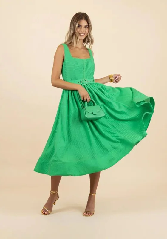 Fee G Amore Textured A-Line Midi Dress, Green Elegant Floral Skirt Midi Dress