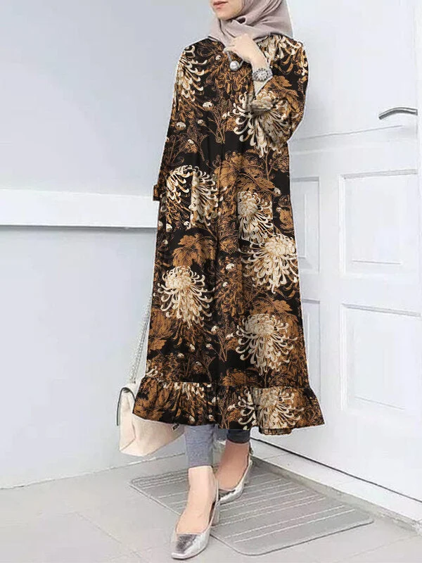 Flora Print Ruff Hem O-neck Casual Bohemian Abaya Kaftan Shirt Pocket Women Midi Dress Elegant Sleeveless Midi Dress