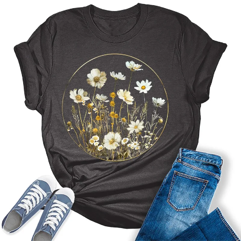 Floral Botanical Moon Flower Graphic Tees For Womens Striped Floral Plaid