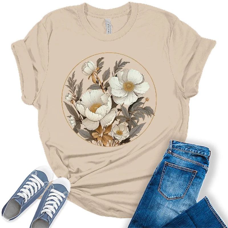 Women's Vintage Flowers Shirt Casual Boho Floral Printed T-Shirt Sunflower Wildflowers Graphic Tees Tops for Girl Thin T-Shirt Open Front Quick Dry