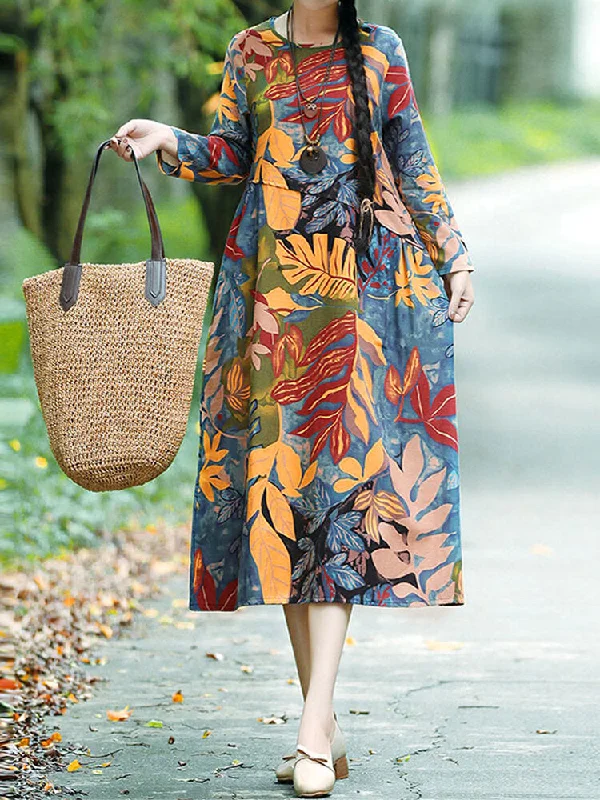 Floral Leaf Print Vintage Casual Pockets Women Midi Dress Trendy Boho Midi Dress