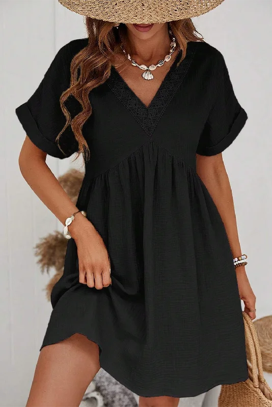 Folded Short Sleeve Lace V Neck Mini Dress Cozy Knitted Mini Dress