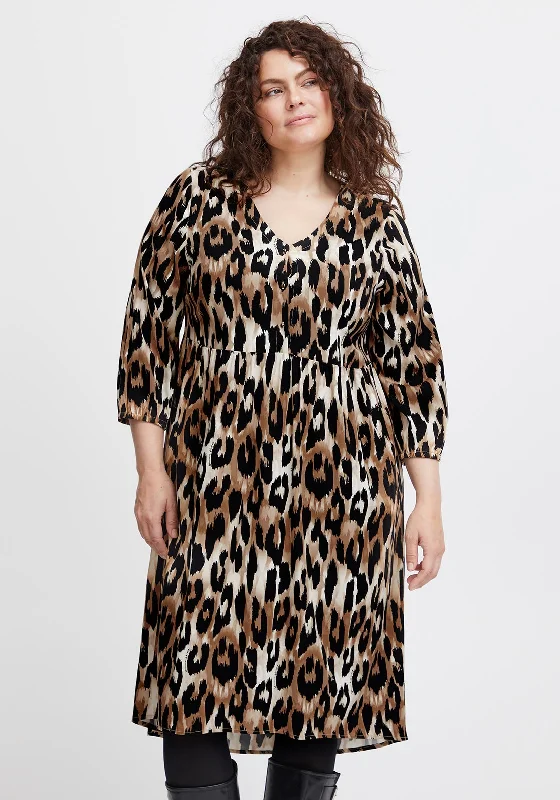 Fransa Curve Elastic Waist Leopard Print Mini Dress, Tigers Eye Comfortable Linen Mini Dress