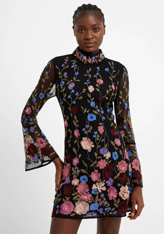 French Connection Astrida Floral Embellished Mini Dress, Black Multi Trendy Tulle Mini Dress