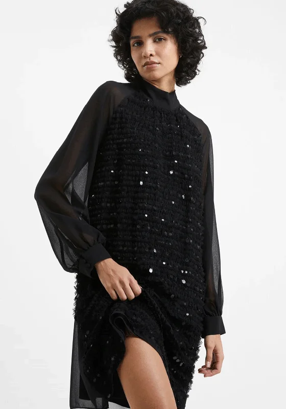 French Connection Carina Embellished Mini Dress, Black Comfortable Ruffle Mini Dress