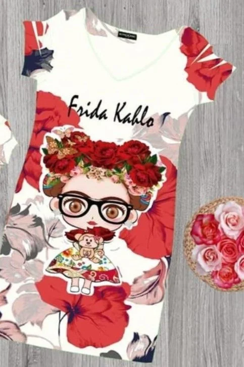 Frida Kahlo Bodycon Mini Dress Rosas Rojas Elegant Mini Dress with Ruffles