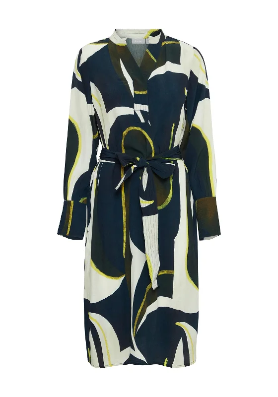 Fransa Lena Abstract Print Midi Dress, Navy & Yellow Trendy Ruffle Hem Midi Dress