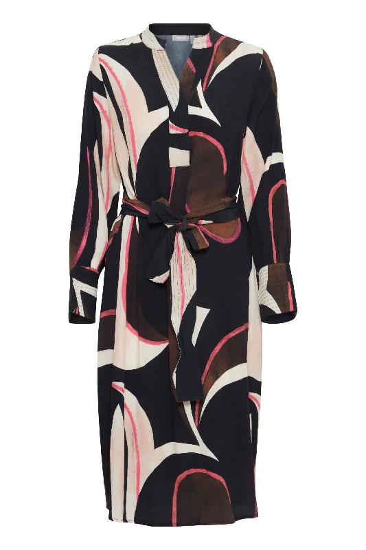 Fransa Lena Abstract Print Midi Dress, Navy & Pink Fashionable Sheer Sleeve Midi Dress