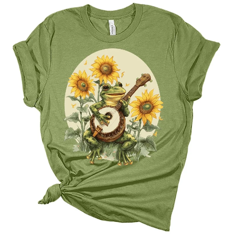 Frog Playing Banjo Sunflower Graphic T-Shirt Welt Pockets Slit Pockets