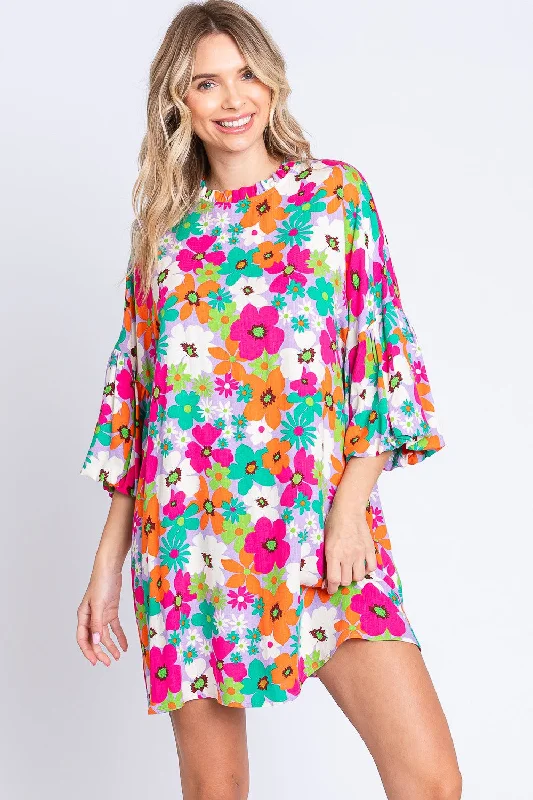 GeeGee Floral Round Neck Lantern Sleeve Mini Dress Elegant Lace Mini Dress