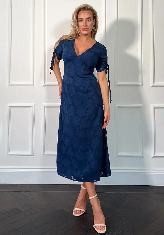 Girl In Mind Emily Tie Sleeve Burnout Midi Dress, Blue Stylish Tiered Midi Dress