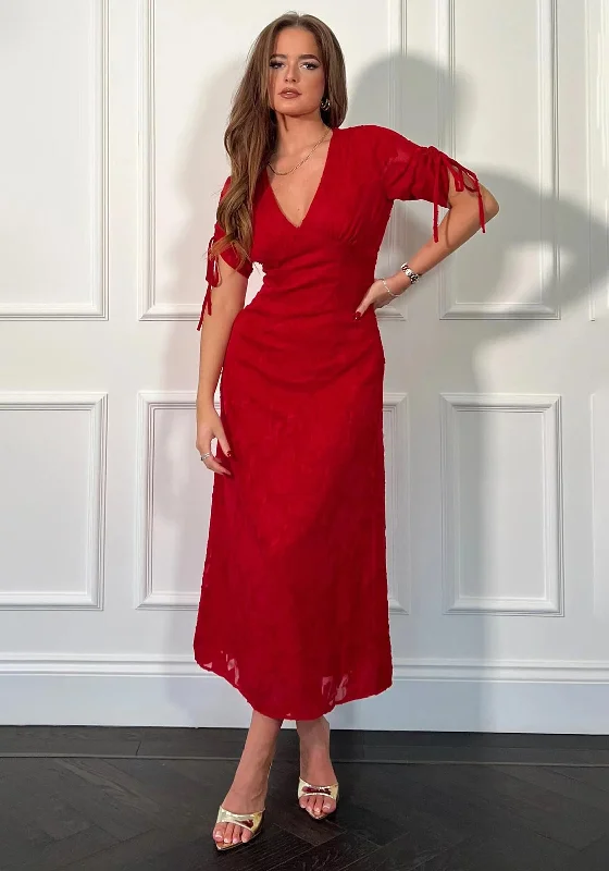 Girl In Mind Emily Tie Sleeve Burnout Midi Dress, Red Trendy Ruffled Sleeve Midi Dress