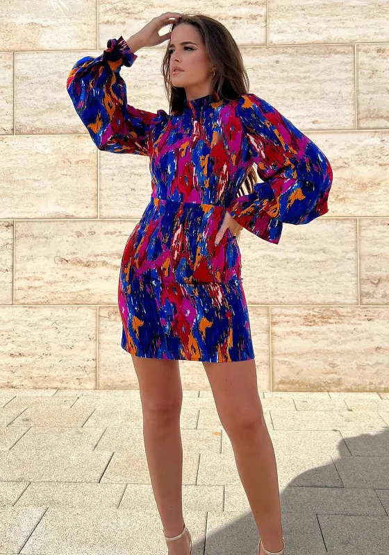 Girl in Mind Hadley Puff Sleeve Mini Dress, Cobalt Multi Trendy Floral Mini Dress