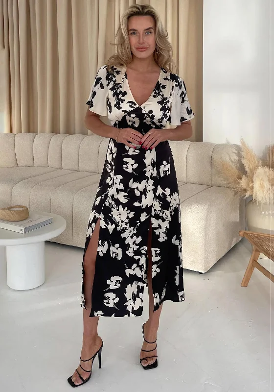 Girl In Mind Levi Angel Sleeve Floral Print Midi Dress, Monochrome Chic Bohemian Midi Dress