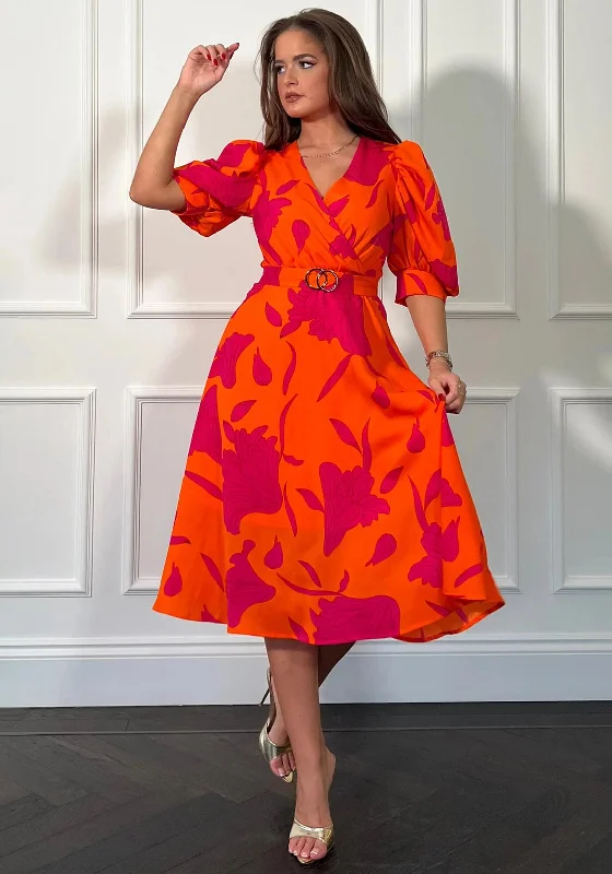 Girl In Mind Nadine Wrap Midi Dress, Pink & Orange Chic Floral Print Midi Dress