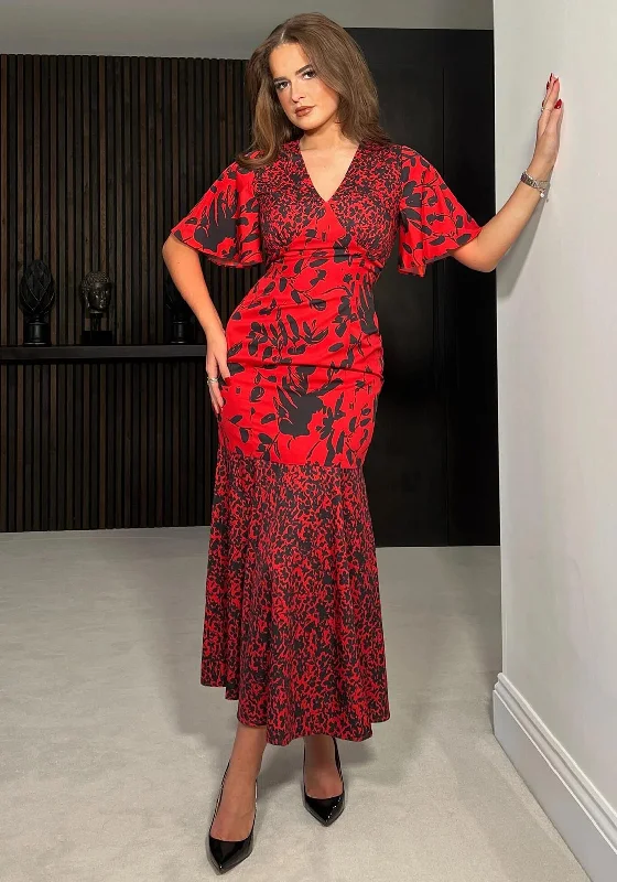 Girl In Mind Remi Floral Tiered Midi Dress, Black & Red Trendy Knit Midi Dress