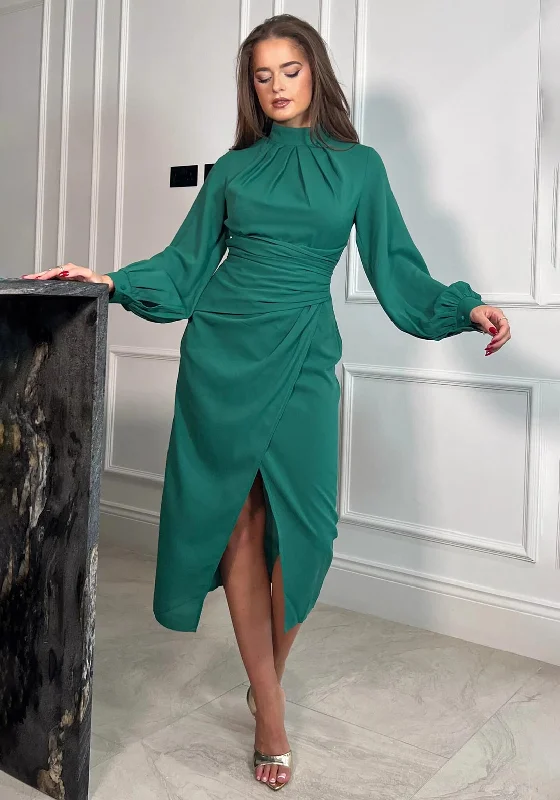 Girl In Mind Tessa Long Sleeve Wrap Midi Dress, Green Comfortable Stretch Midi Dress