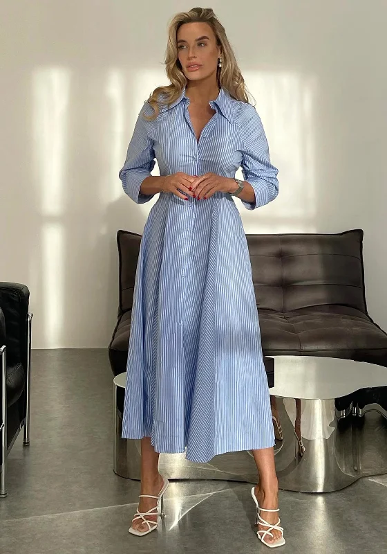 Girl In Mind Valeria Stripy Shirt Midi Dress, Blue Comfortable Ribbed Midi Dress