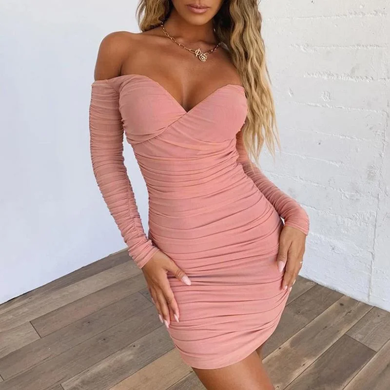 Pink off shoulder v neck bodycon mini dress Long sleeve Fashionable Polka Dot Mini Dress