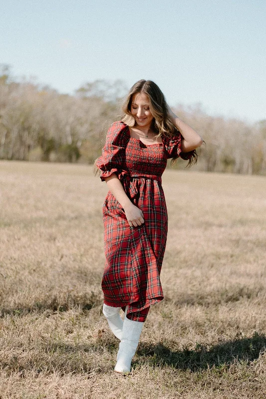 Holiday Red Plaid Midi Dress Fashionable A-Line Midi Dress