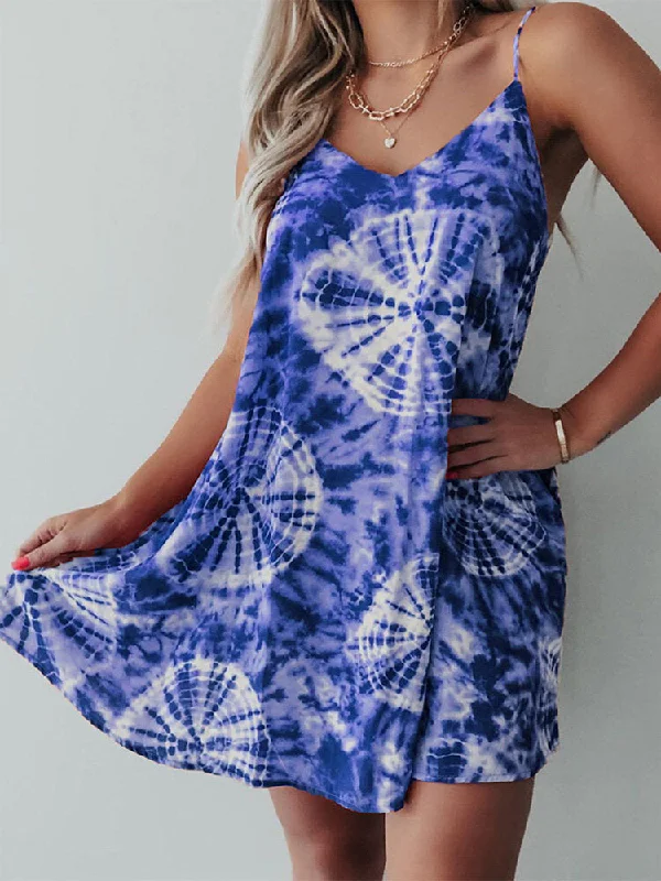 Holiday Tie-dye Print Beach Sling Dresses Women Mini Dress Elegant Floral-Print Mini Dress