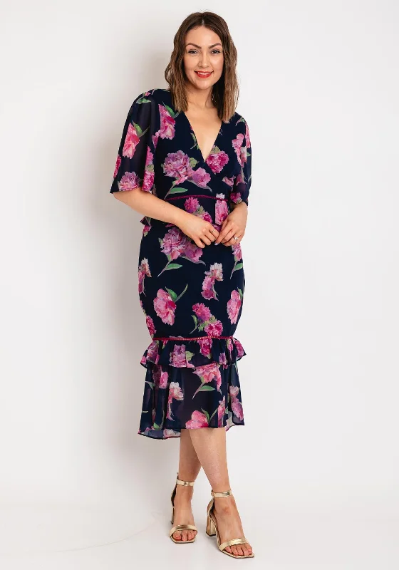 Hope & Ivy Amore Peplum Waist Floral Midi Dress, Multi Elegant Puff Sleeve Midi Dress