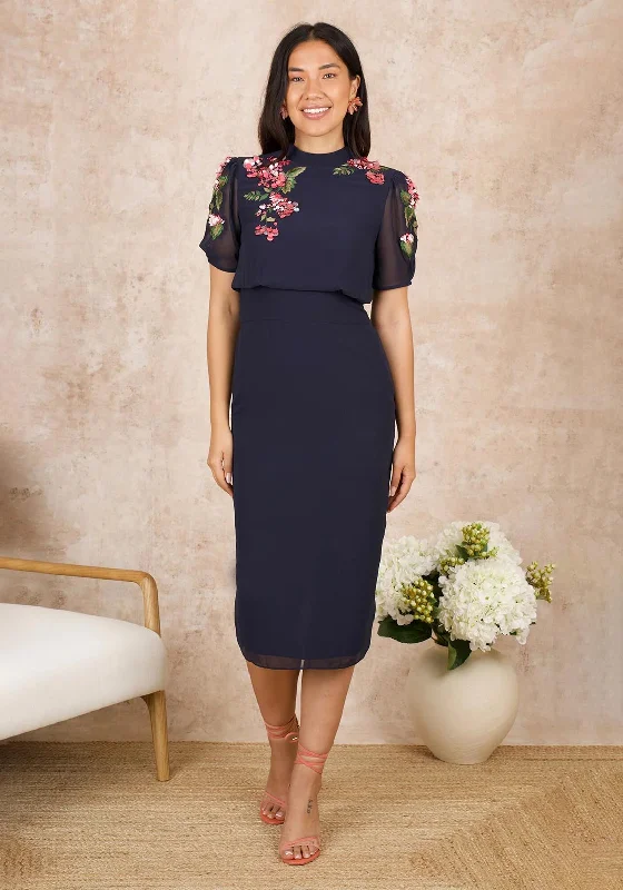 Hope & Ivy Ciara Embellished High Neck Pencil Midi Dress, Navy Stylish High-Waisted Midi Dress