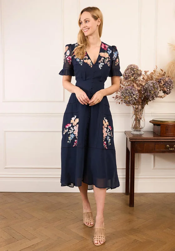 Hope & Ivy Clarice Embroidered Button Front Midi Dress, Navy Trendy Midi Dress with Belt