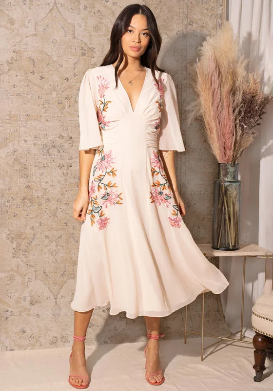 Hope & Ivy Lovisa Embroidered Flutter Sleeve Midi Dress, Blush Stylish Button-Down Midi Dress