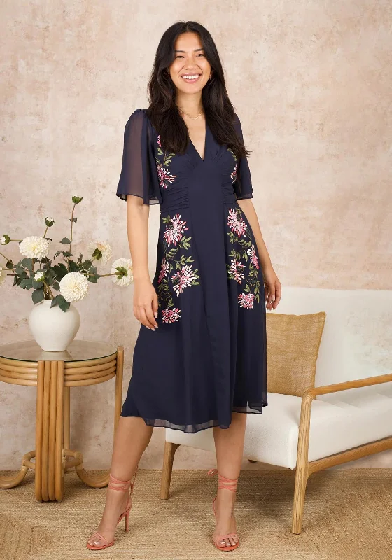 Hope & Ivy Tiffany Embroidered Flutter Sleeve Midi Dress, Navy Fashionable Chiffon Midi Dress