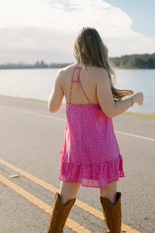 Hot Pink Cross Back Mini Dress Stylish Sweetheart Mini Dress