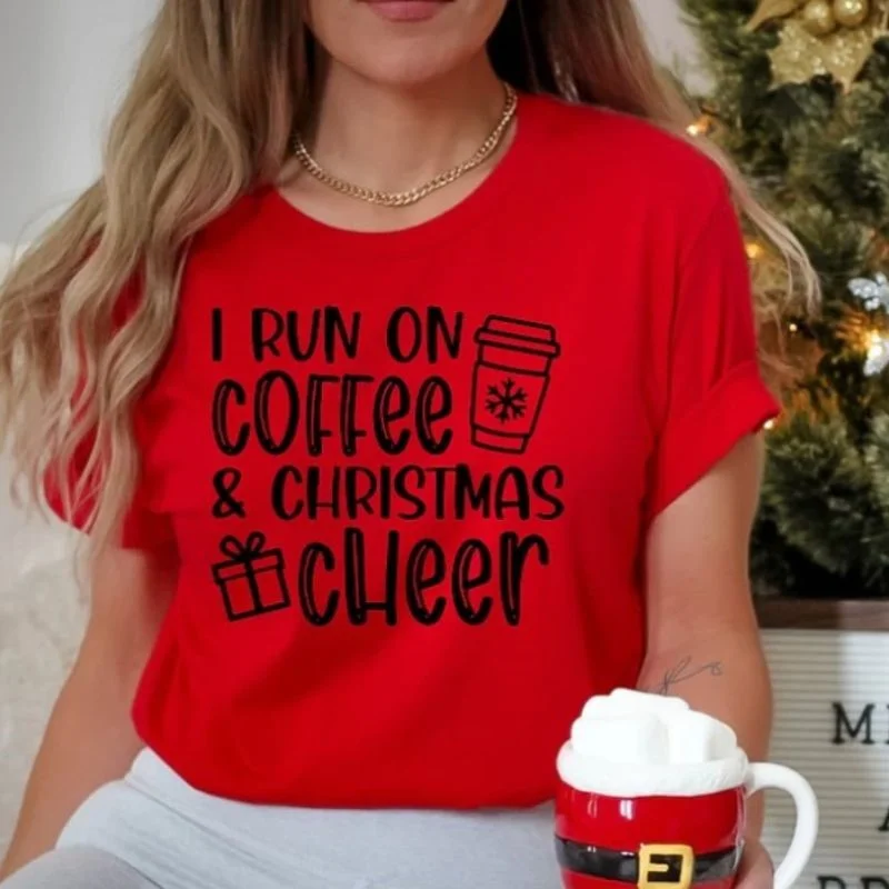 I Run on Coffee & Christmas Cheer T-shirt Beaded Sequined Faux Fur