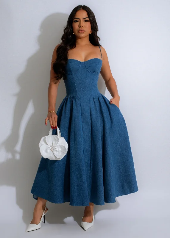 Indigo Dream Midi Dress Denim Stylish High-Waisted Midi Dress