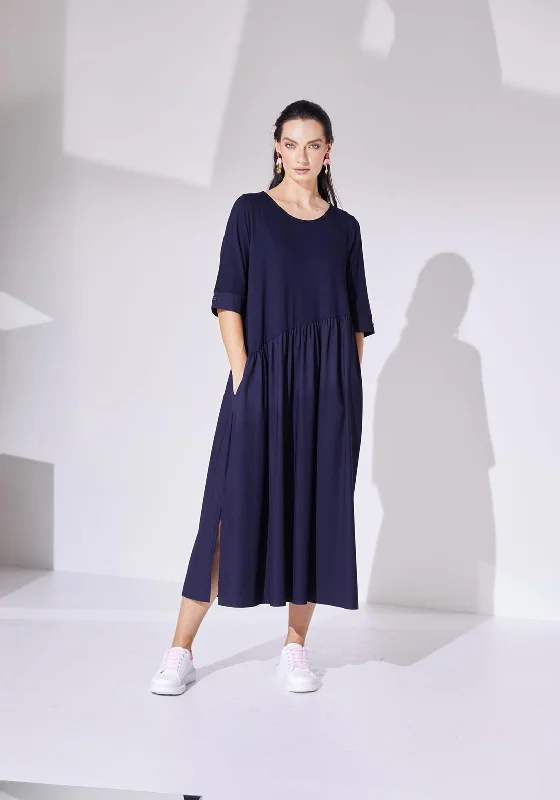 Naya Gathered Contrast Skirt Jersey Midi Dress, Navy Comfortable Ruched Midi Dress