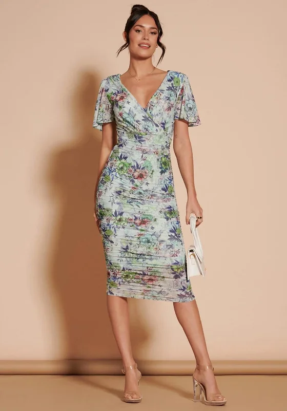 Jolie Moi Angel Sleeve Rushed Midi Dress, Green Floral Trendy Fit-and-Flare Midi Dress