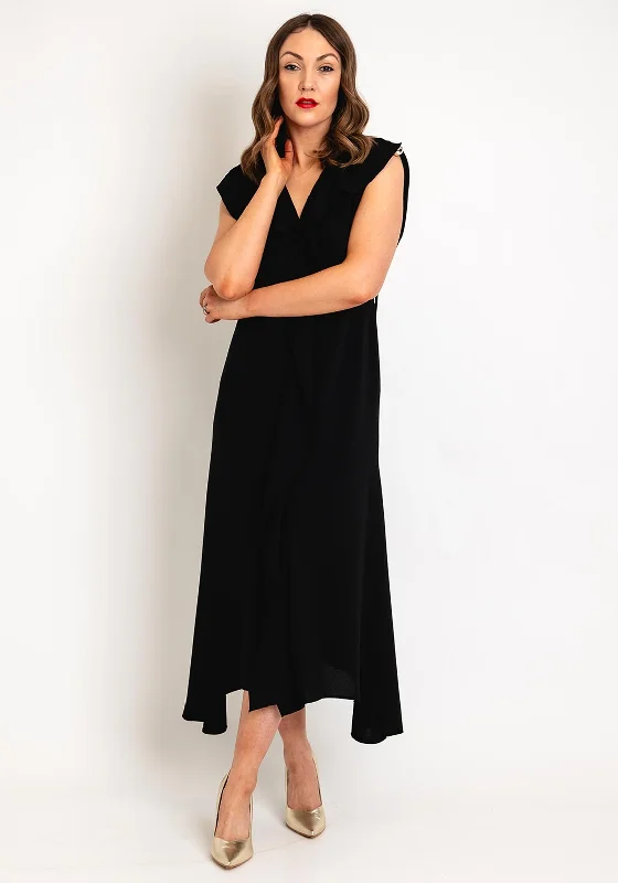 Kameya Ruffled Front Midi Dress, Black Trendy Fit-and-Flare Midi Dress