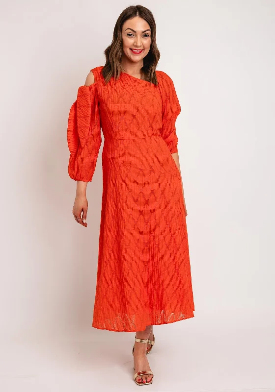 Kameya Tie Sleeve Midi Dress, Orange Elegant Puff Sleeve Midi Dress