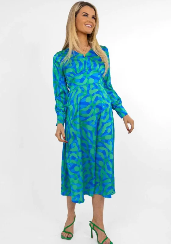 Kate & Pippa Birkin Satin Feel Print Midi Dress, Blue & Green Fashionable Chiffon Midi Dress