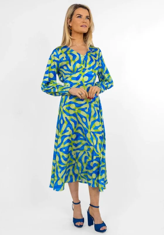 Kate & Pippa Birkin Satin Feel Print Midi Dress, Blue & Lime Cozy Knit Midi Dress