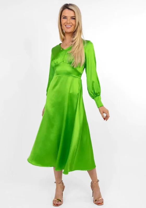 Kate & Pippa Birkin Satin Feel Midi Dress, Green Comfortable Sleeveless Midi Dress