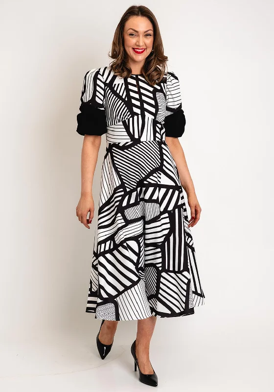 Kate Cooper Cutout Geo Print A-Line Midi Dress, Black & White Trendy Tiered Hem Midi Dress