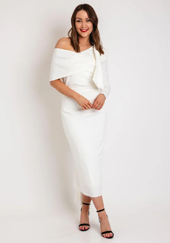 Kevan Jon Carolyn One Shoulder Bow Detail Midi Dress, Ivory Comfortable Sleeveless Midi Dress