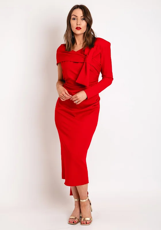 Kevan Jon Carolyn One Shoulder Bow Detail Midi Dress, Red Elegant Floral Skirt Midi Dress