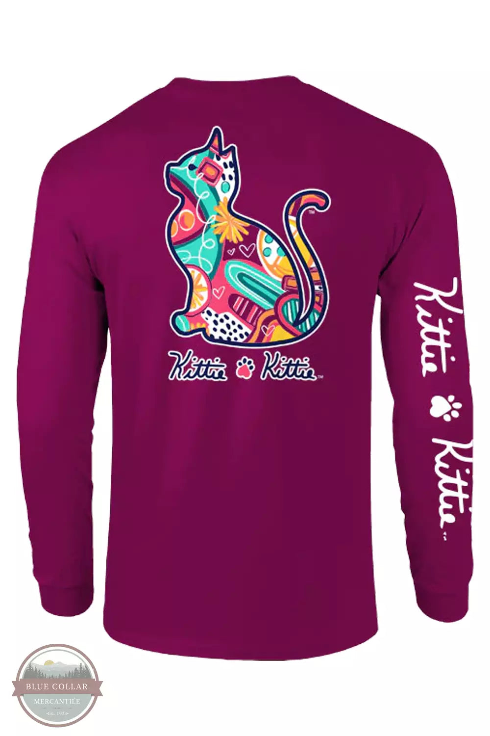 PKK0179 Abstract Kittie Long Sleeve T-Shirt Front Pockets Side Pockets Patch Pockets