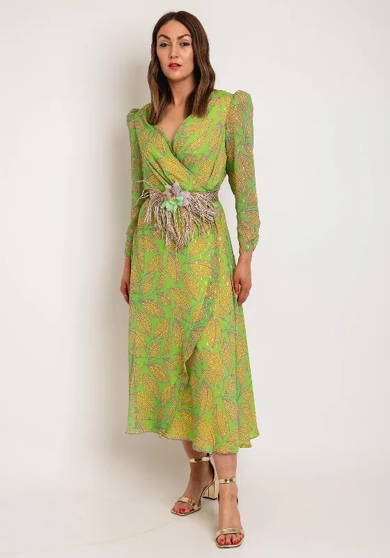 Laura Bernal Leaf Print Wrap Midi Dress, Green Chic Floral Print Midi Dress