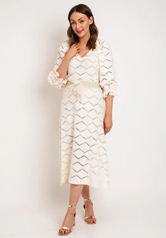 Laura Bernal V-Neck Cutout Pattern Midi Dress, Cream Stylish Vintage Midi Dress