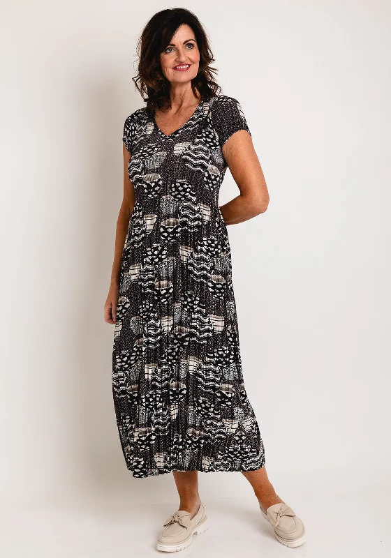 Leo & Ugo Abstract Print Pleated Satin Midi Dress, Black Cozy Spaghetti Strap Midi Dress