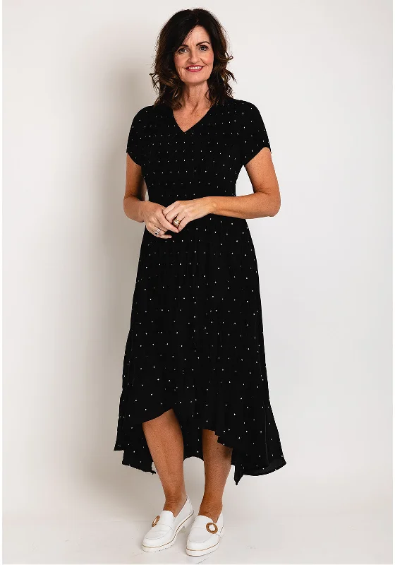 Leo & Ugo Polka Dot Pleated Midi Dress, Black Comfortable Sleeveless Midi Dress