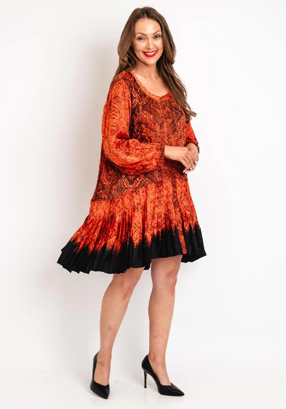 Natalia Collection One Size Scattered Print Pleated Smock Mini Dress, Orange Trendy Floral Mini Dress