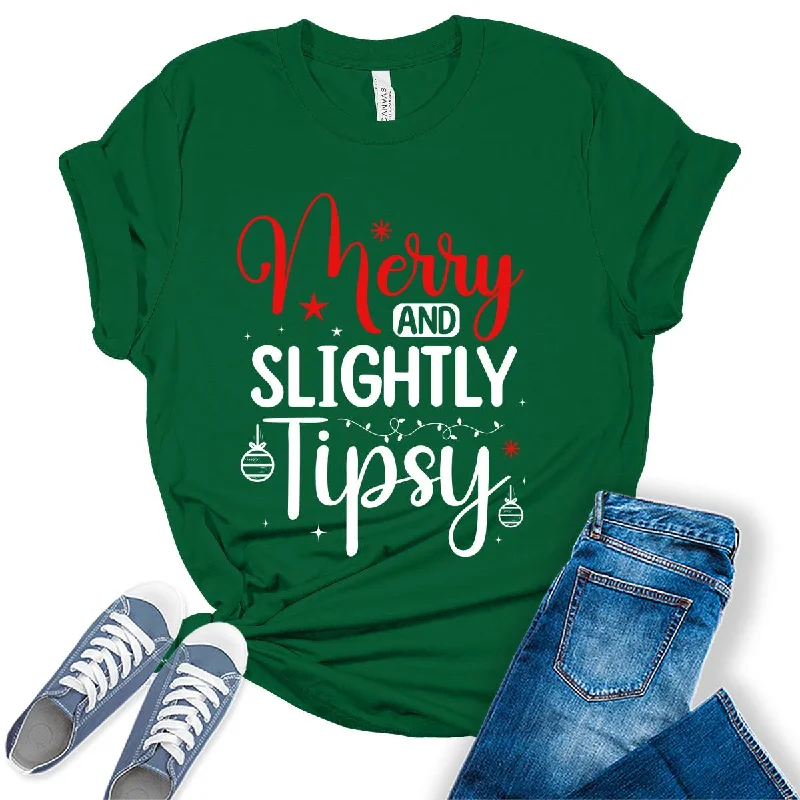 Merry And Slightly Tipsy Funny Drunk Christmas Womens T-shirt Graphic T-Shirt Round Neck Polyester